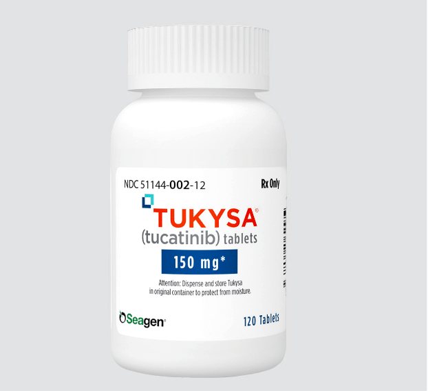 TUKYSA® (tucatinib) tablets bottle (150mg, 120 count in 150 cc) TUKYSA® (tucatinib) tablets dosage strengths and counts: 150mg tablets 120 count in 150 cc bottle