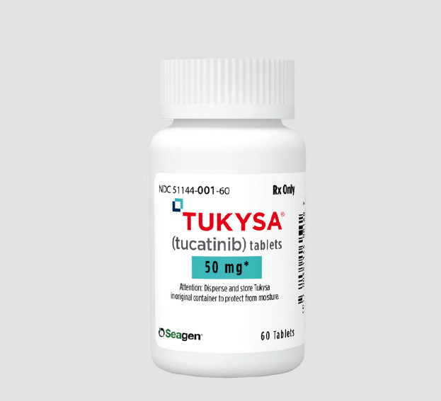 TUKYSA® (tucatinib) tablets bottle (50mg, 60 count in 75 cc) TUKYSA® (tucatinib) tablets dosage strengths and counts: 50mg tablets 60 count in 75 cc bottle