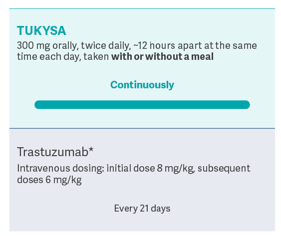Chart: TUKYSA® (tucatinib) tablets + trastuzumab dosing schedule. Chart: TUKYSA® (tucatinib) tablets + trastuzumab dosing schedule. TUKYSA®, taken continuously: 300mg orally, twice daily, ~12 hours apart at the same time each day, taken with or without a meal. Trastuzumab, taken every 21 days: Intravenous dosing: initial dose 8 mg/kg, subsequent doses 6 mg/kg